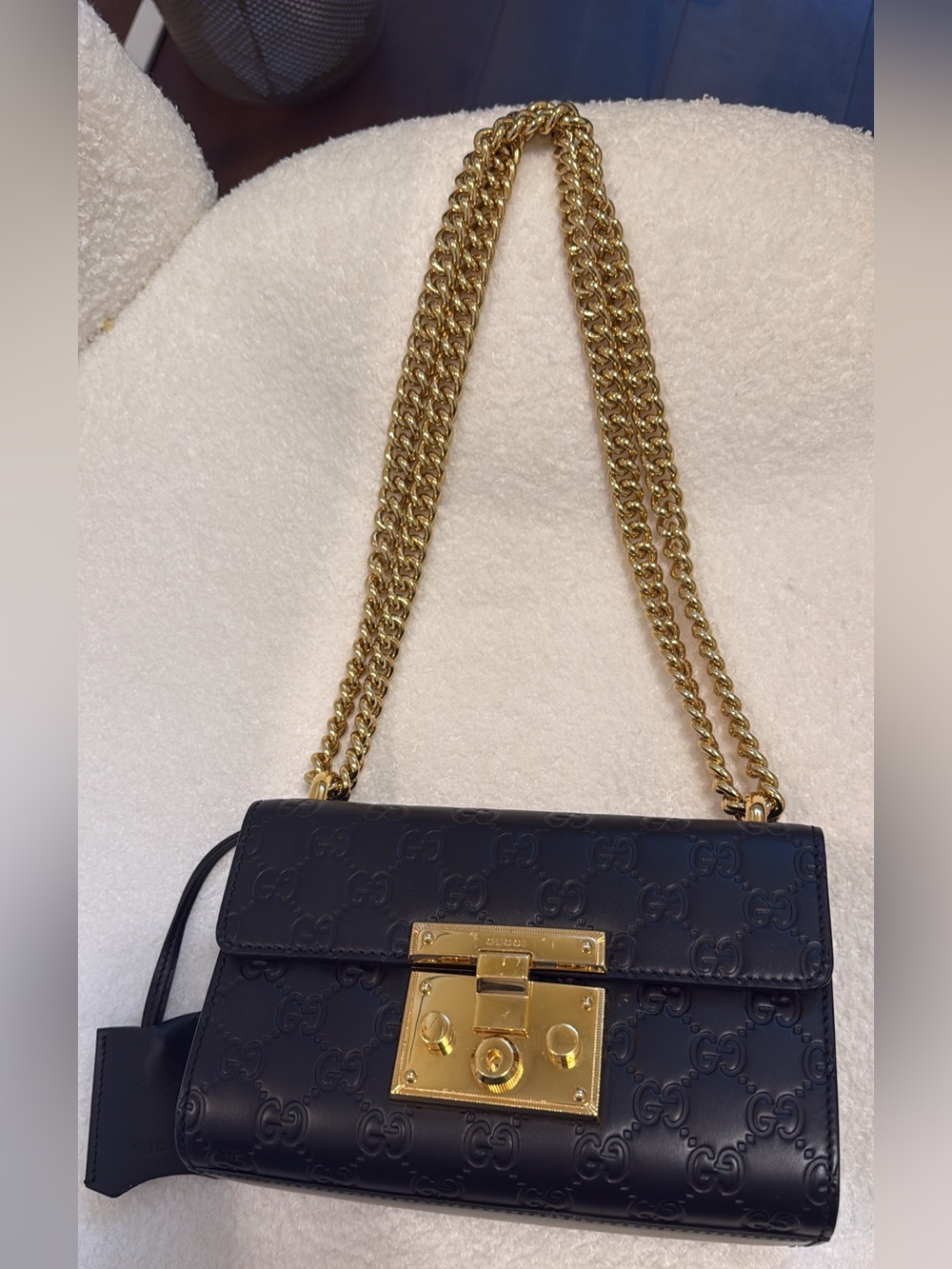Gucci Black GG Embossed Leather Shoulder Bag with Gold Chain Strap